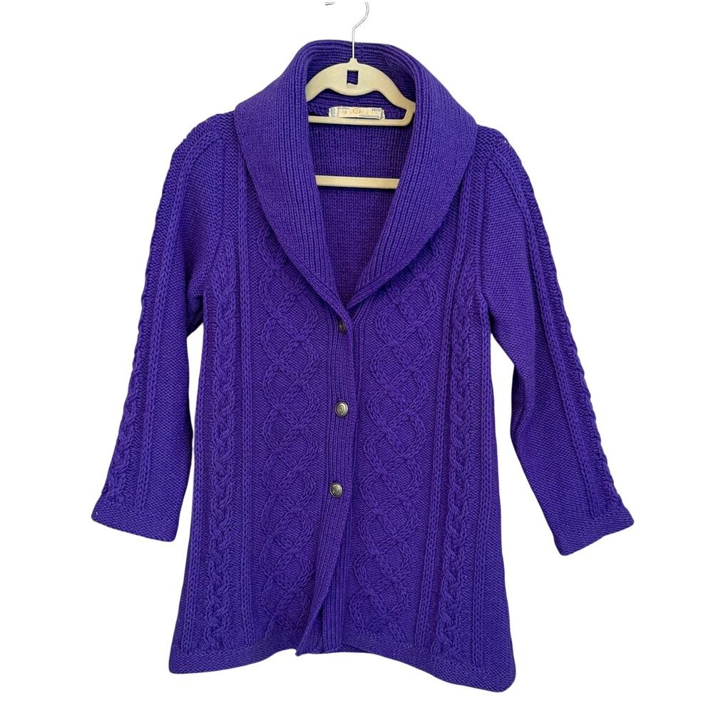 Vtg Carlo Gruber Cardigan Sweater 38/10 Purple Cable Knit Preppy Fisherman Cozy